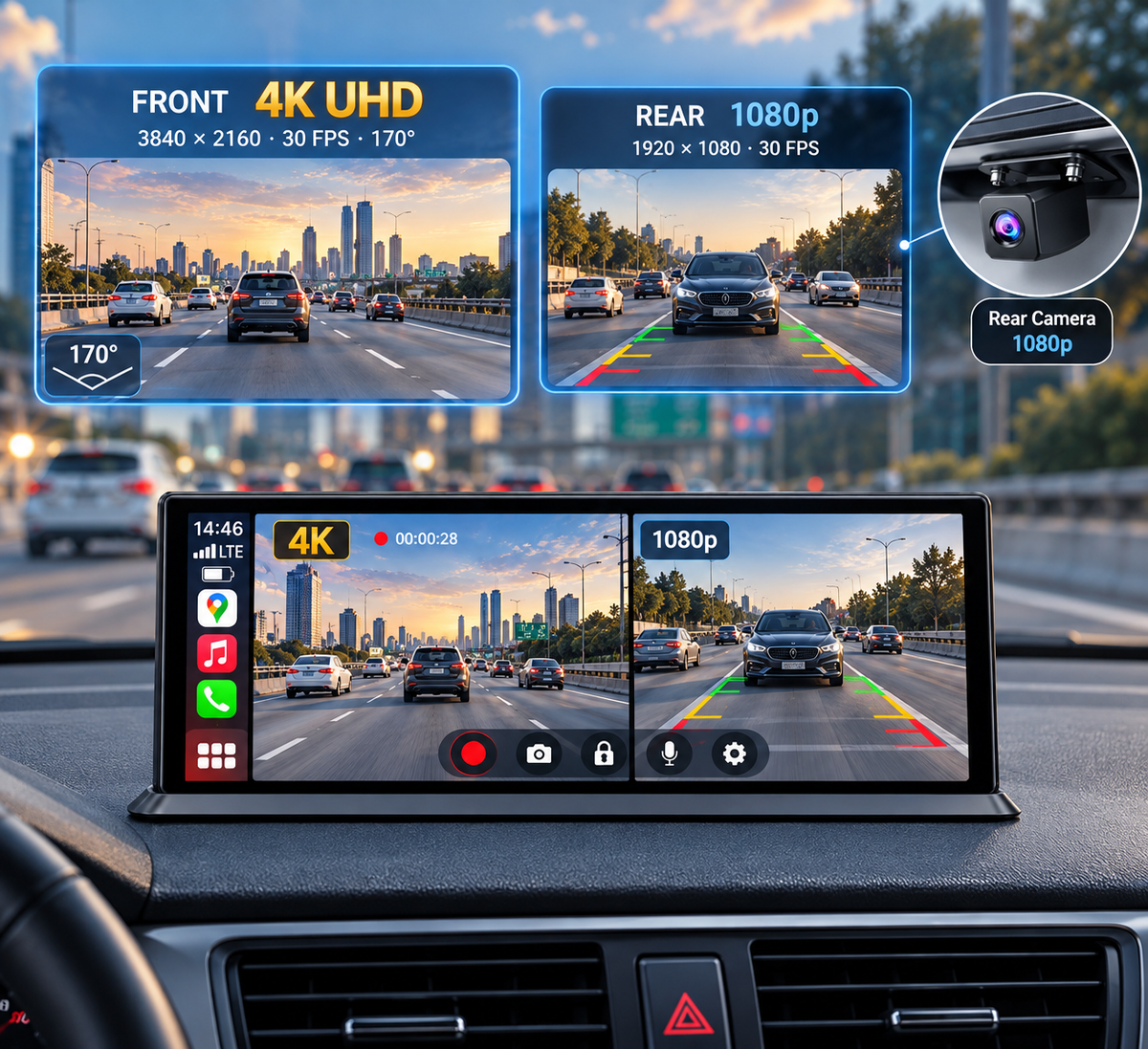 A car dashcam display mounted on a dashboard, showing a split front and rear traffic scene with feature callouts: 'FRONT 4K UHD' and 'REAR 1080p' plus a rear camera inset. The image is a promotional composite rather than a plain product photo.