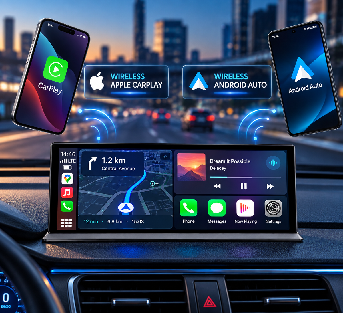 A car dashboard display showing Apple CarPlay and Android Auto interfaces, with two smartphones floating on either side and wireless connectivity graphics above the screen. The scene is set inside a car with a blurred cityscape at dusk in the background.