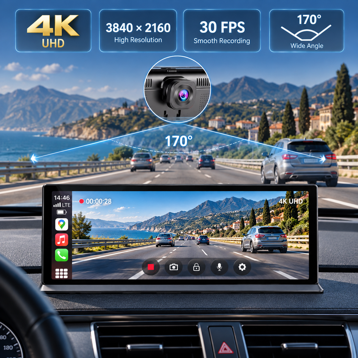 A car-mounted dash cam display shown inside a vehicle dashboard, with a scenic coastal road behind it. The image includes feature callouts: '4K UHD', '3840 x 2160 High Resolution', '30 FPS Smooth Recording', and '170° Wide Angle', plus a small camera inset and a 170° angle indicator.