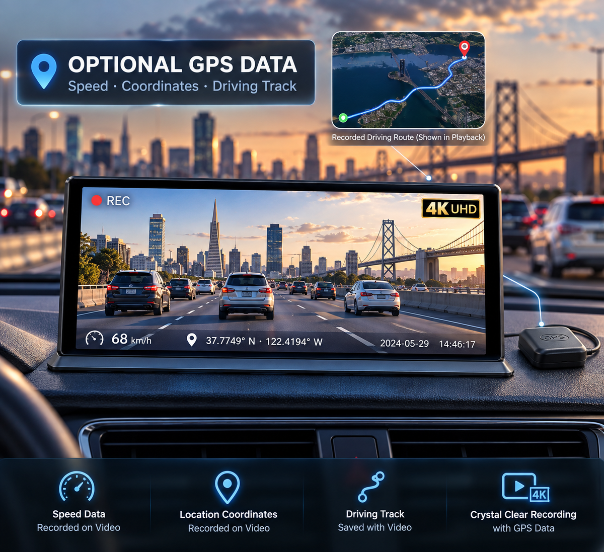 A car dashcam and GPS tracking device shown installed on a dashboard, with a city street scene in the background and on-screen recording indicators. The image includes marketing text and icons for optional GPS data, speed, location coordinates, driving track, and 4K crystal clear recording.