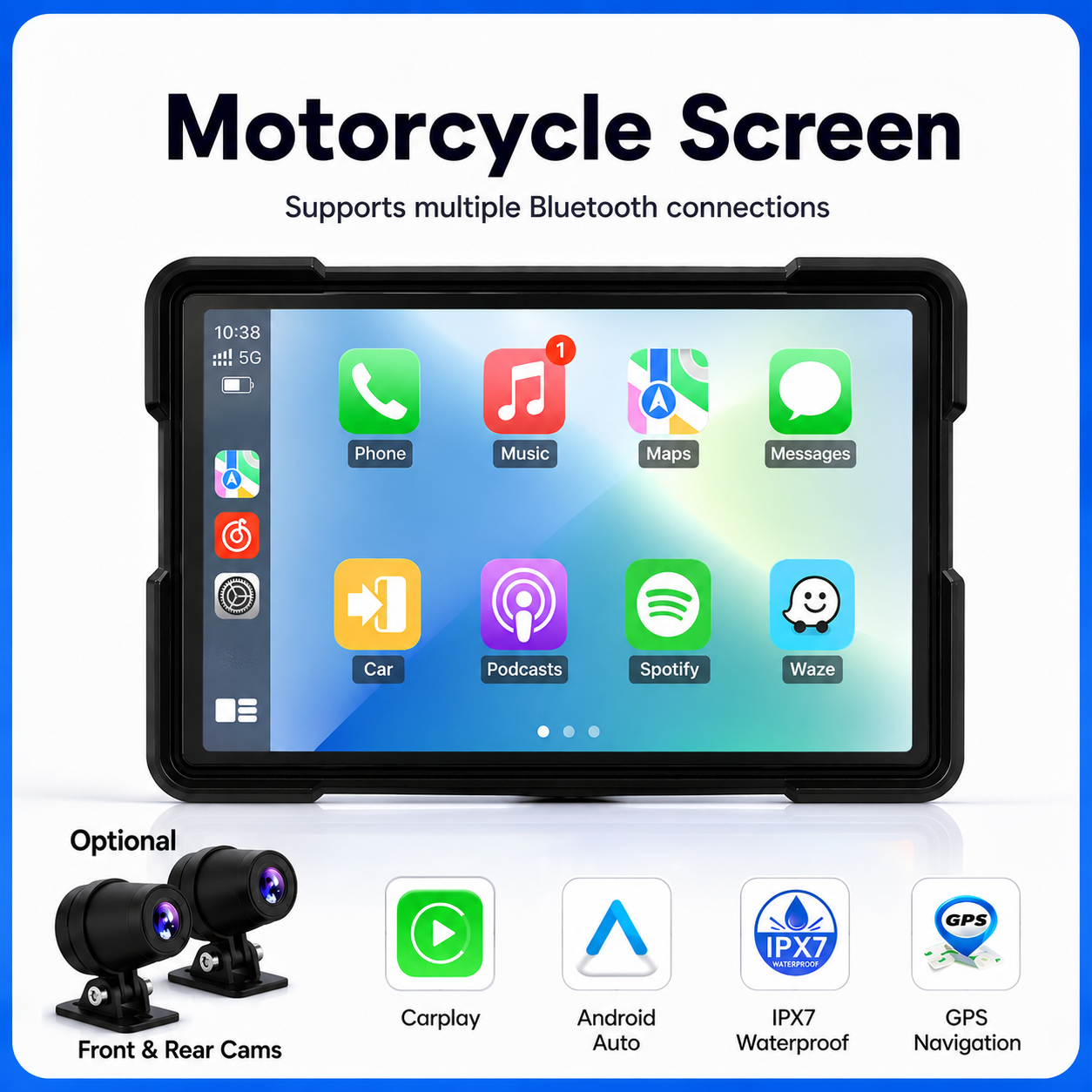 Motorcycle Portable Wireless CarPlay & Android Auto Screen IPX7