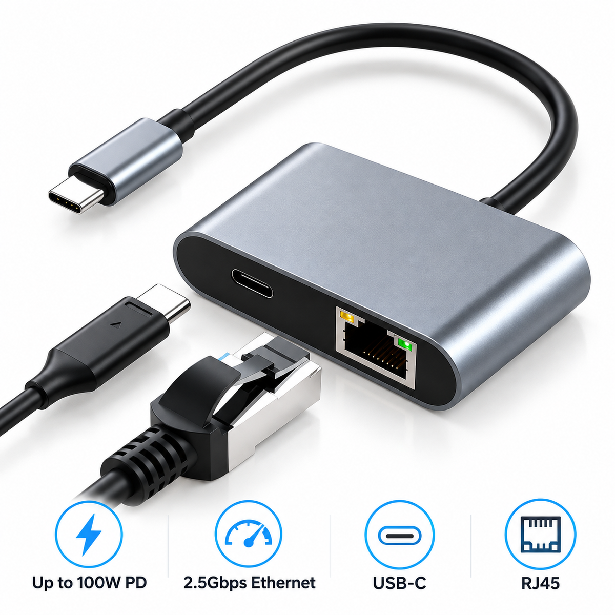 Adaptador Ethernet USB-C + PD para Starlink y CarPlay inalámbrico