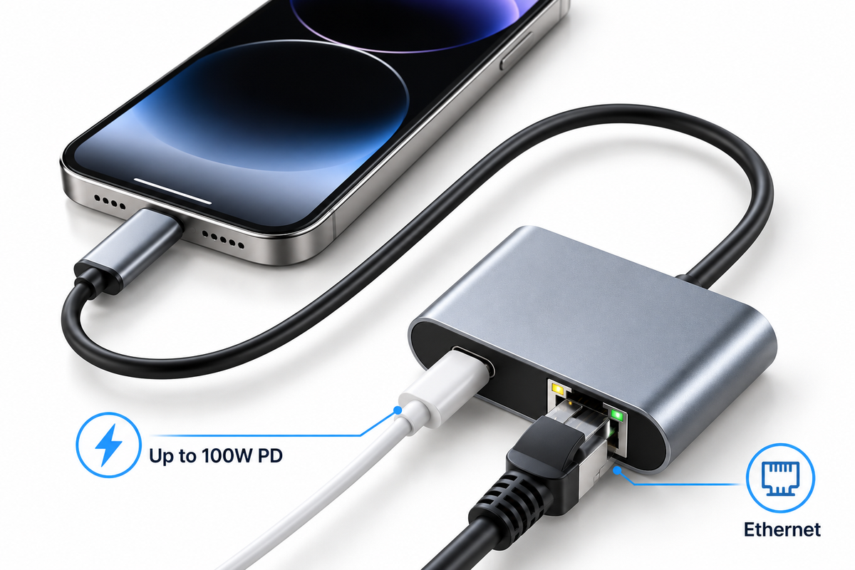 Adaptador Ethernet USB-C + PD para Starlink y CarPlay inalámbrico