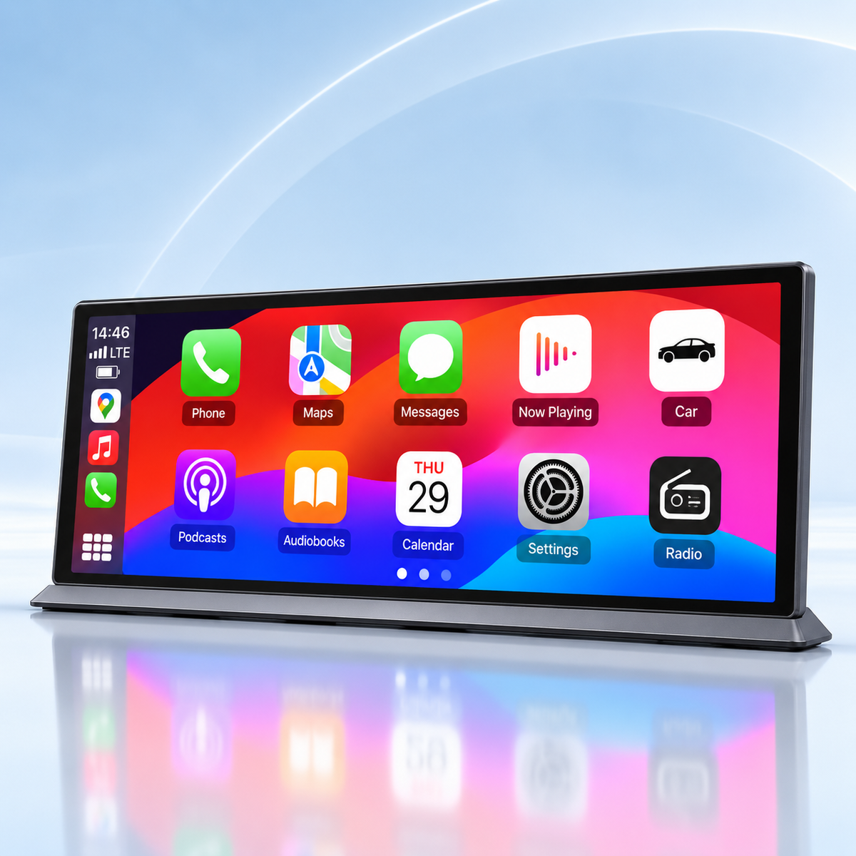 A 16-inch car stereo touchscreen display with a black bezel and base, showing a colorful iOS-style home screen with app icons. The device is displayed on a reflective surface against a light blue and white background.