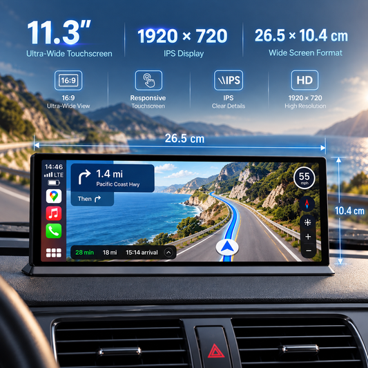 A car windshield-mounted touchscreen display showing a coastal highway scene, with overlaid dimensions and feature callouts including 11.3 inches, 1920 x 720 IPS display, 26.